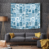 Aquamarine blue patchwork wall tapestry with retro holiday and tropical icon blocks