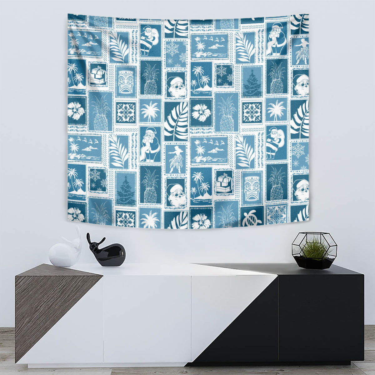 Aquamarine blue fabric wall tapestry with patchwork blocks of retro sea and island designs