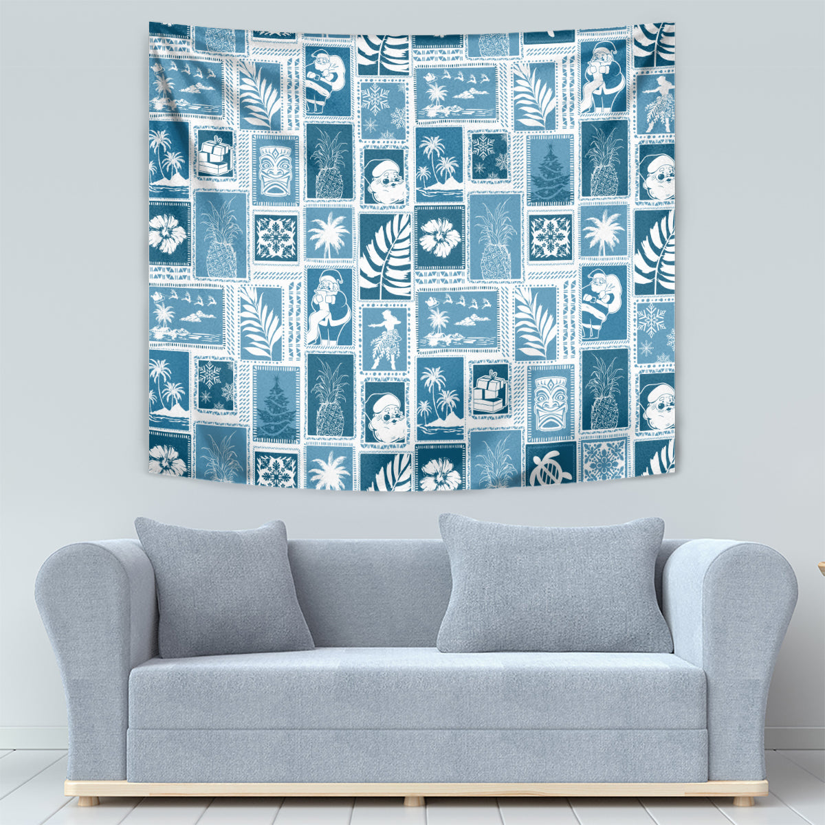 Aquamarine patchwork tapestry with white decorative holiday icons and tropical leaf patterns