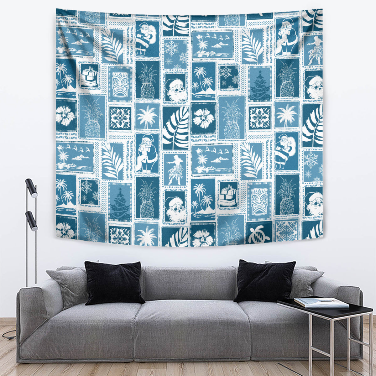 Aquamarine blue patchwork wall tapestry with white illustrated figures, waves, and palm icons