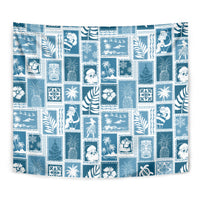 Aquamarine blue square patchwork tapestry with white retro collage of island-themed symbols