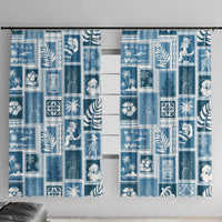 Aquamarine patchwork window curtains with island-inspired prints and vertical panels