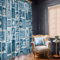 Aquamarine patchwork window curtains with tropical and retro illustration blocks