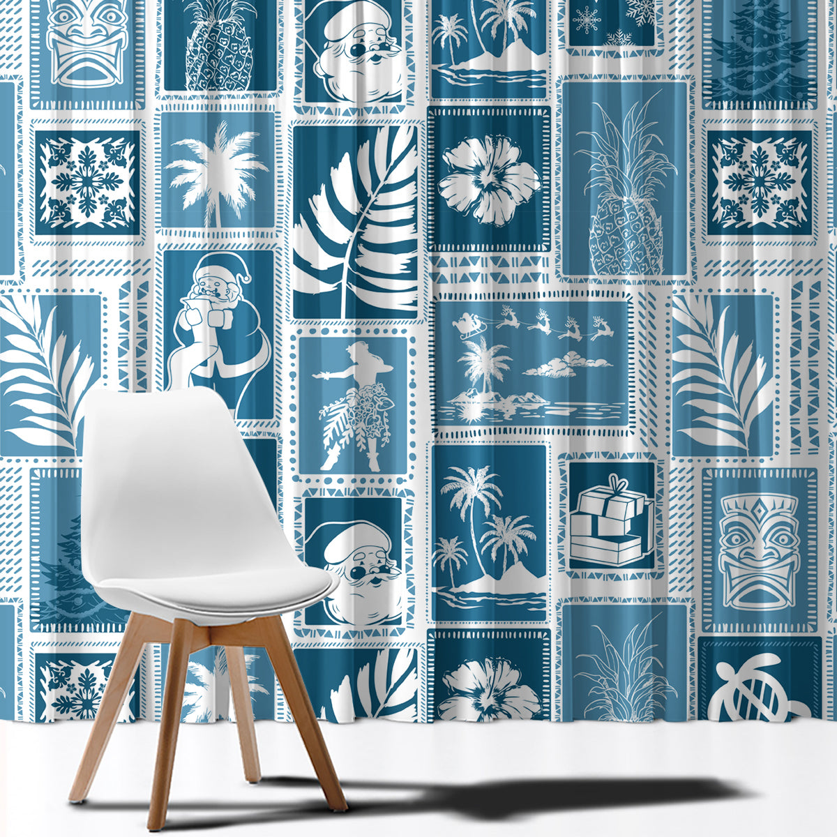 Aquamarine patchwork window curtains with bold tropical pattern and holiday-style patch tiles