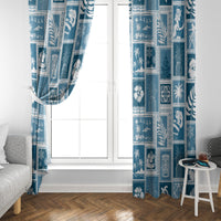 Aquamarine patchwork window curtains with island motifs framing a white glass door