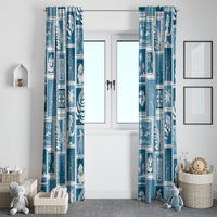 Aquamarine patchwork window curtains with repeating tropical patchwork design