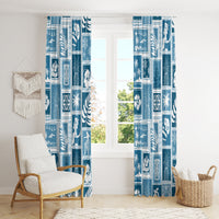 Aquamarine patchwork window curtains with island-themed graphic tiles and panels