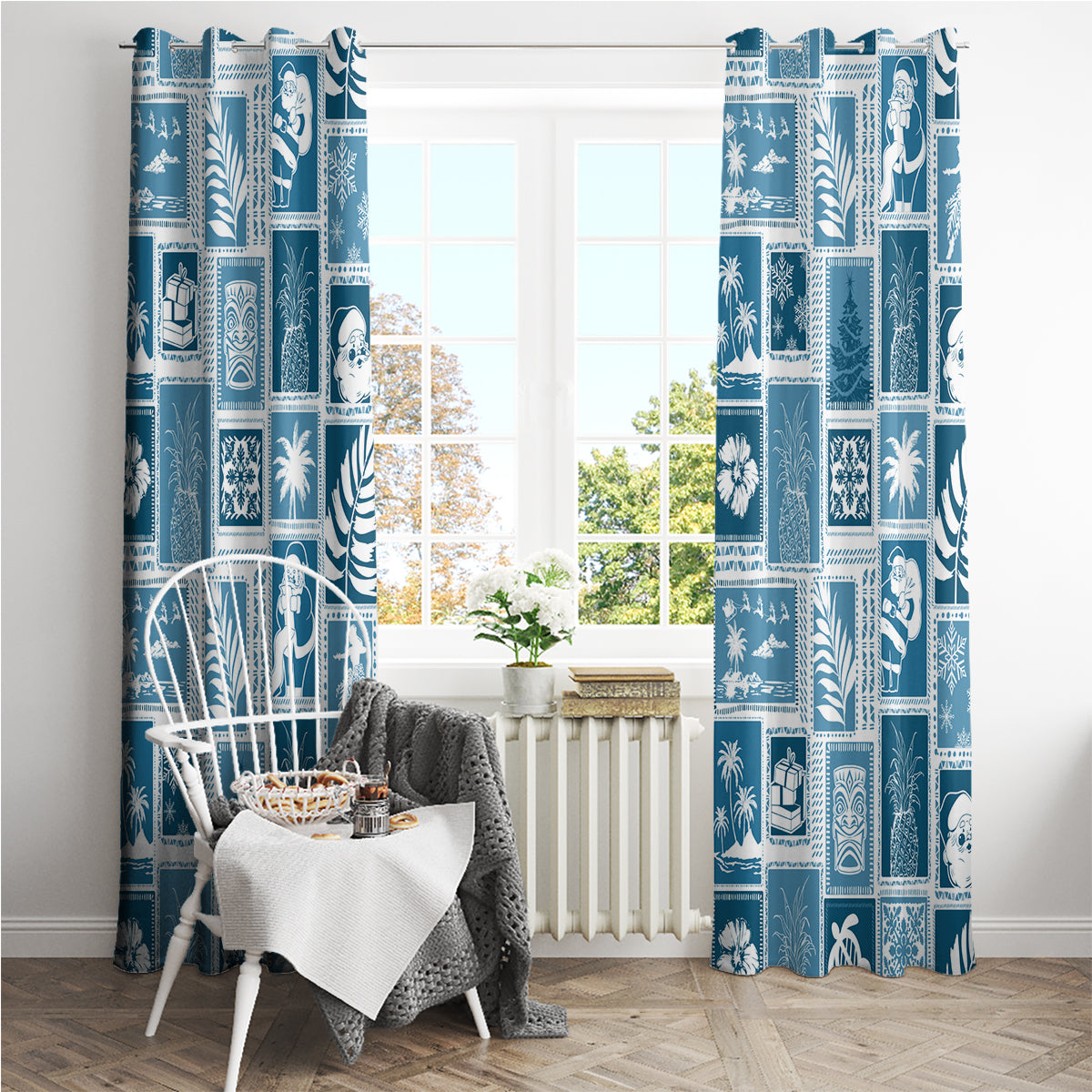 Aquamarine patchwork window curtains with retro tropical prints and decorative patch blocks