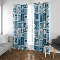 Aquamarine patchwork window curtains with blue island motifs and grid-style patchwork