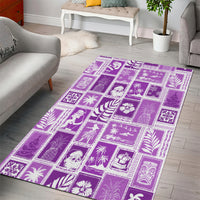 Violet patchwork area rug featuring white palm tree and island symbol squares
