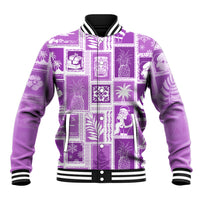 Violet patchwork baseball jacket with graphic squares, striped ribbed collar and cuffs