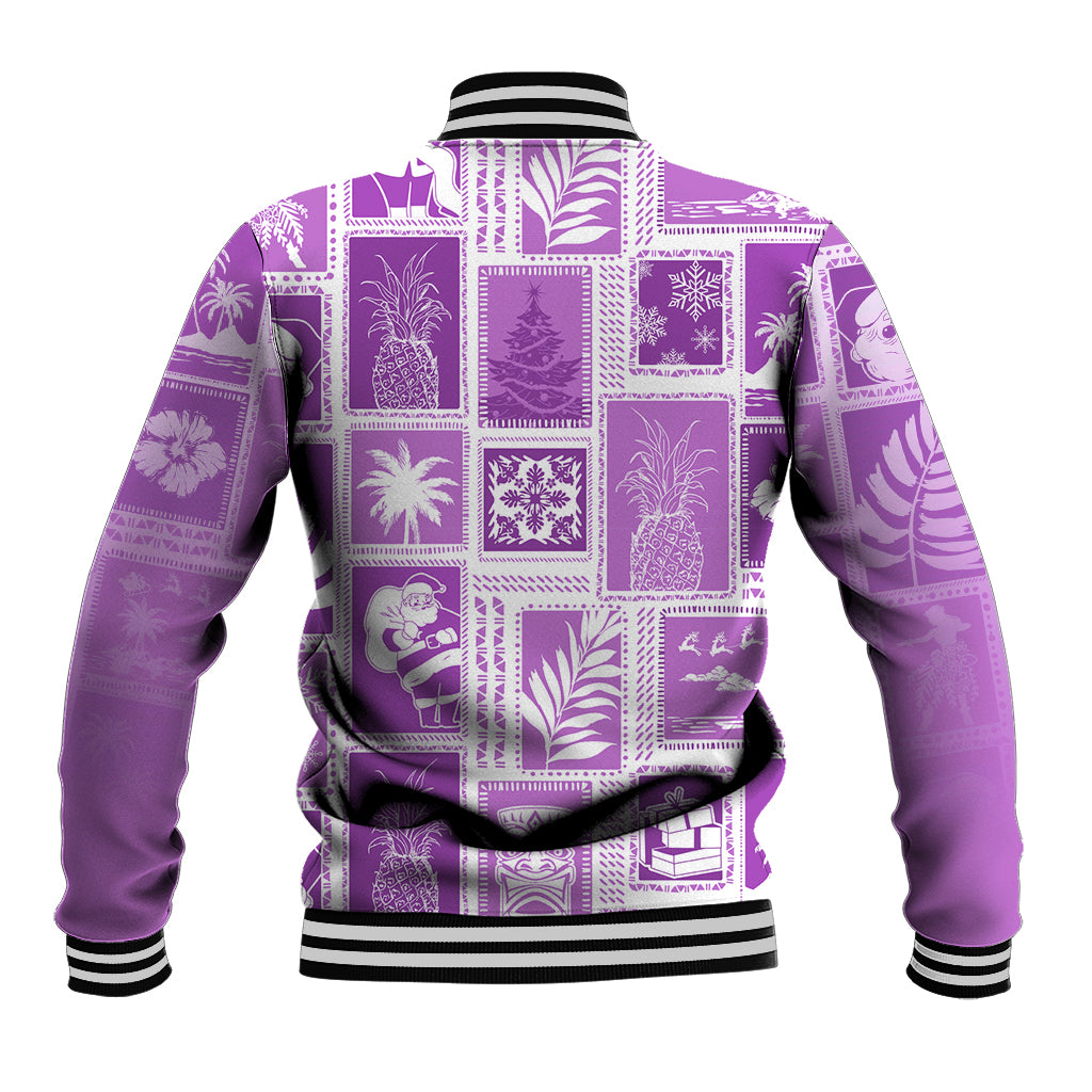 Violet patchwork baseball jacket, all-over graphic squares, striped ribbed hem and cuffs
