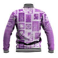 Violet patchwork baseball jacket, all-over graphic squares, striped ribbed hem and cuffs