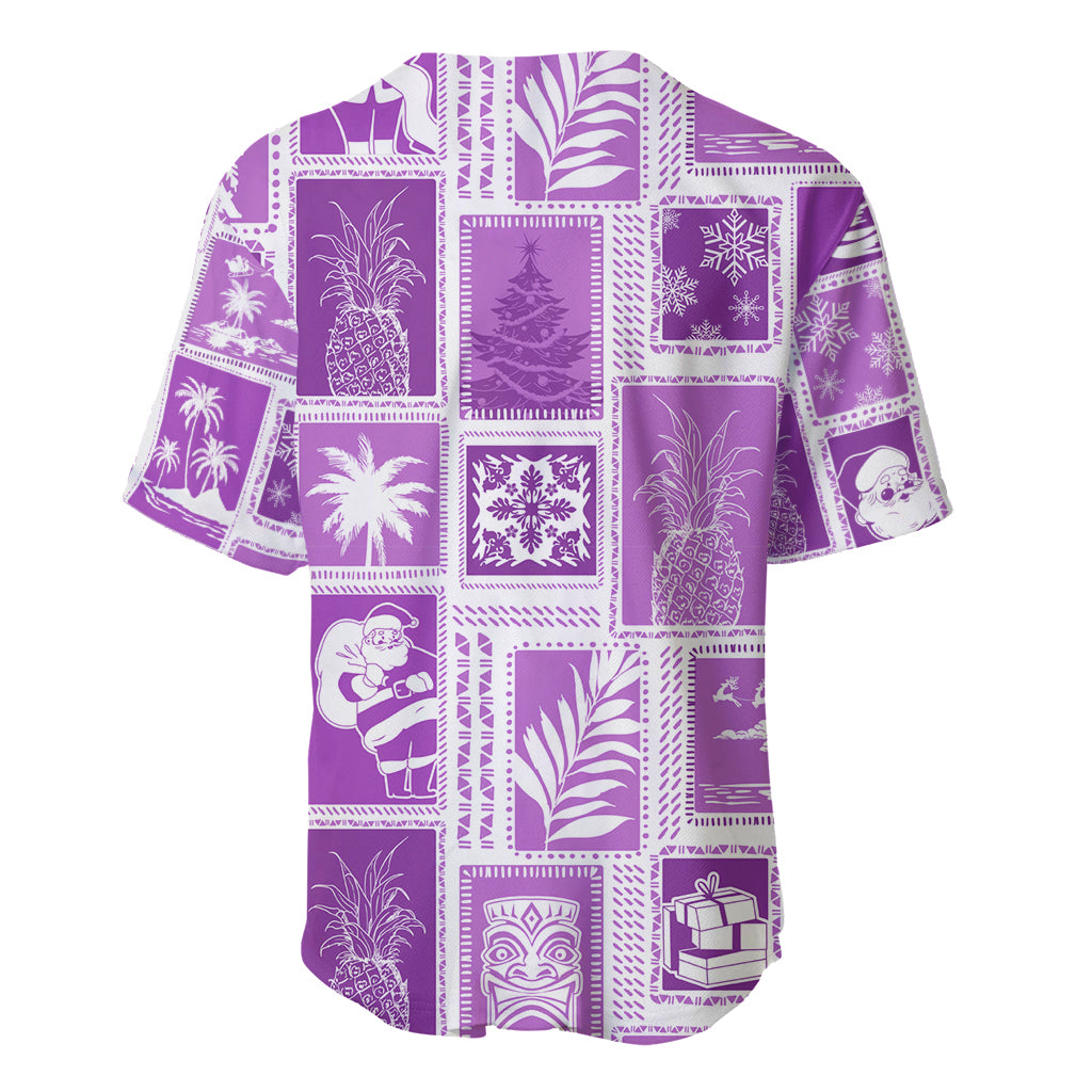 Violet patchwork baseball jersey back with tropical holiday icons, short sleeves