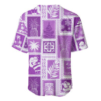 Violet patchwork baseball jersey back with tropical holiday icons, short sleeves