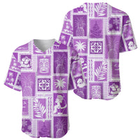 Violet patchwork baseball jersey with mixed holiday and tropical prints, V-neck, short sleeves