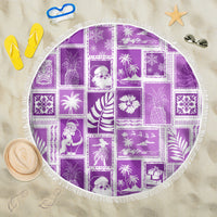 Violet patchwork round beach blanket with fringe edge and festive tropical prints
