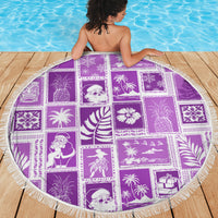 Violet circular patchwork beach blanket with fringed border and tropical print collage