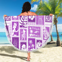 Violet patchwork round beach blanket with fringed trim and tropical holiday graphic blocks