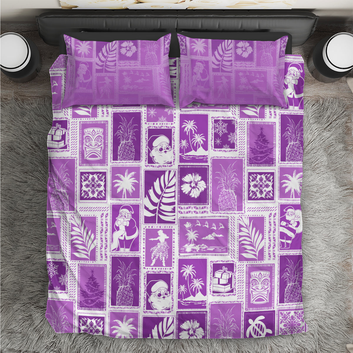 Violet patchwork bedding set with decorative white graphic squares and two matching pillowcases