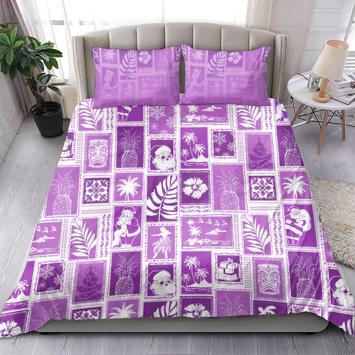 Violet patchwork duvet with white tropical-style blocks and two pillowcases