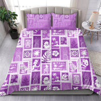 Violet patchwork duvet with white tropical-style blocks and two pillowcases