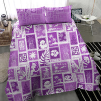 Violet patchwork bedding cover with white patterned square panels and two pillowcases