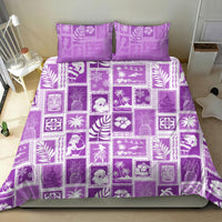 Violet patchwork duvet set with white graphic square design and two overlaid pillows