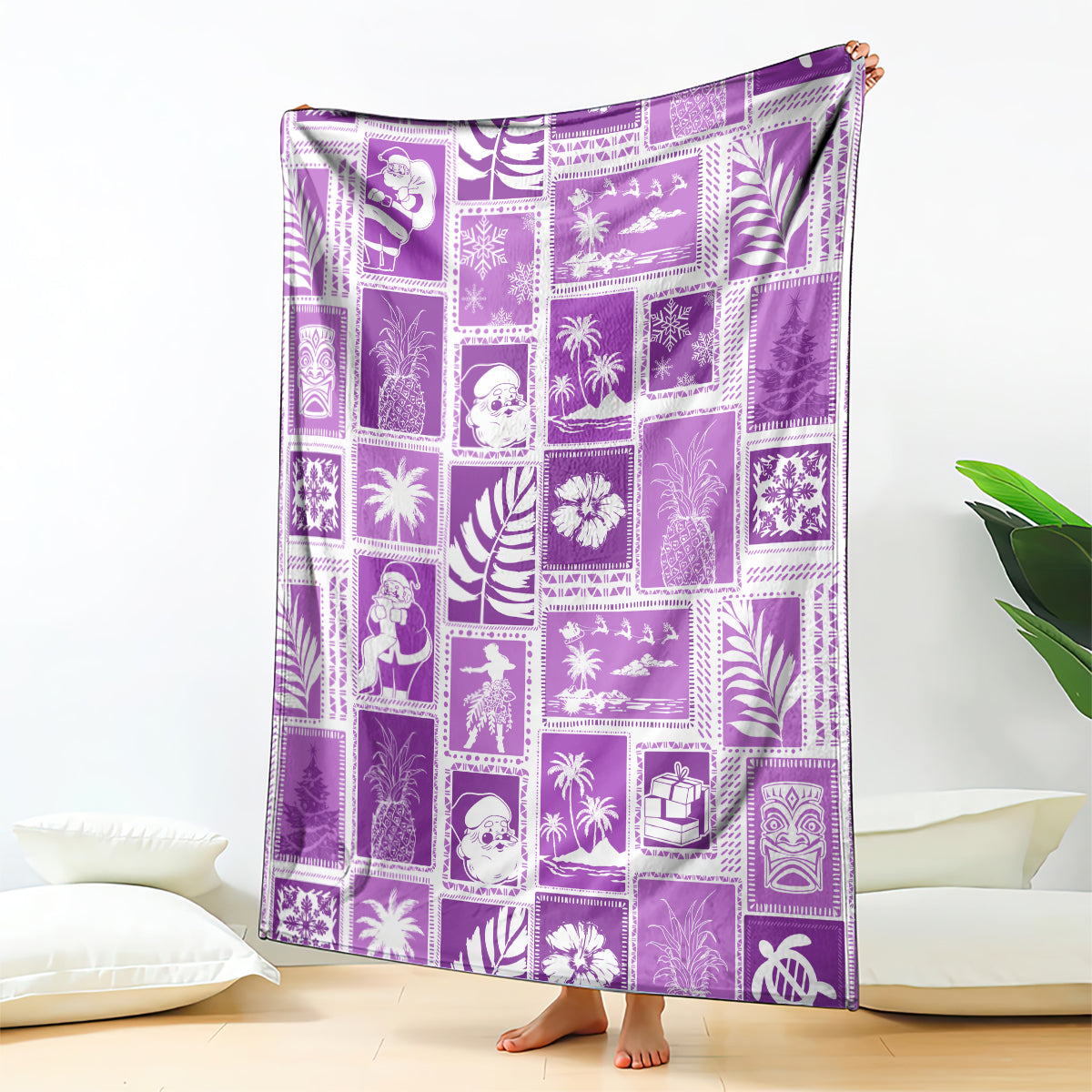 Violet patchwork Christmas blanket with festive square tiles, draped over a chair