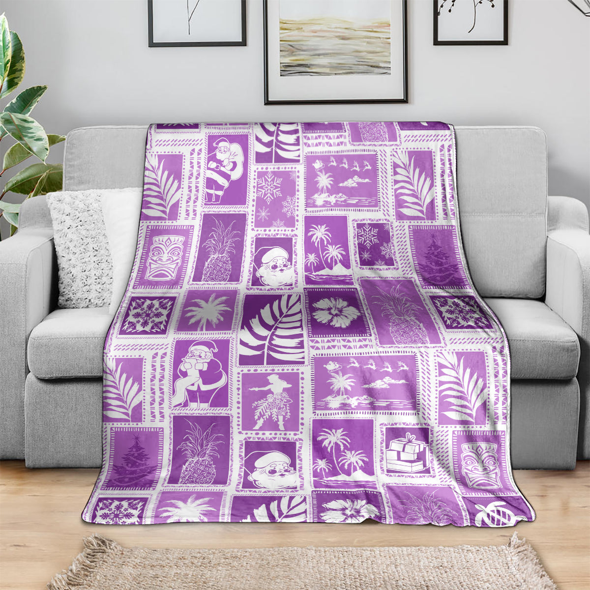 Violet patchwork Christmas blanket with patterned square blocks, draped on a couch
