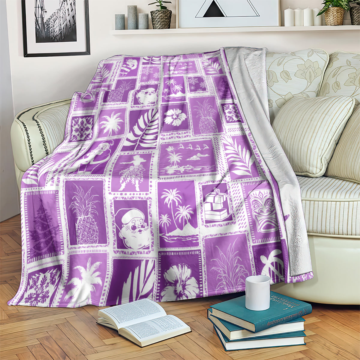 Violet patchwork Christmas blanket with purple square patchwork, draped with throw-style fold