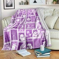 Violet patchwork Christmas blanket with purple square patchwork, draped with throw-style fold