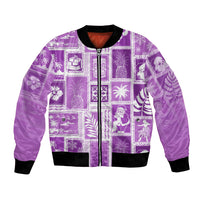 Violet patchwork bomber jacket with zip front, black ribbed collar and cuffs