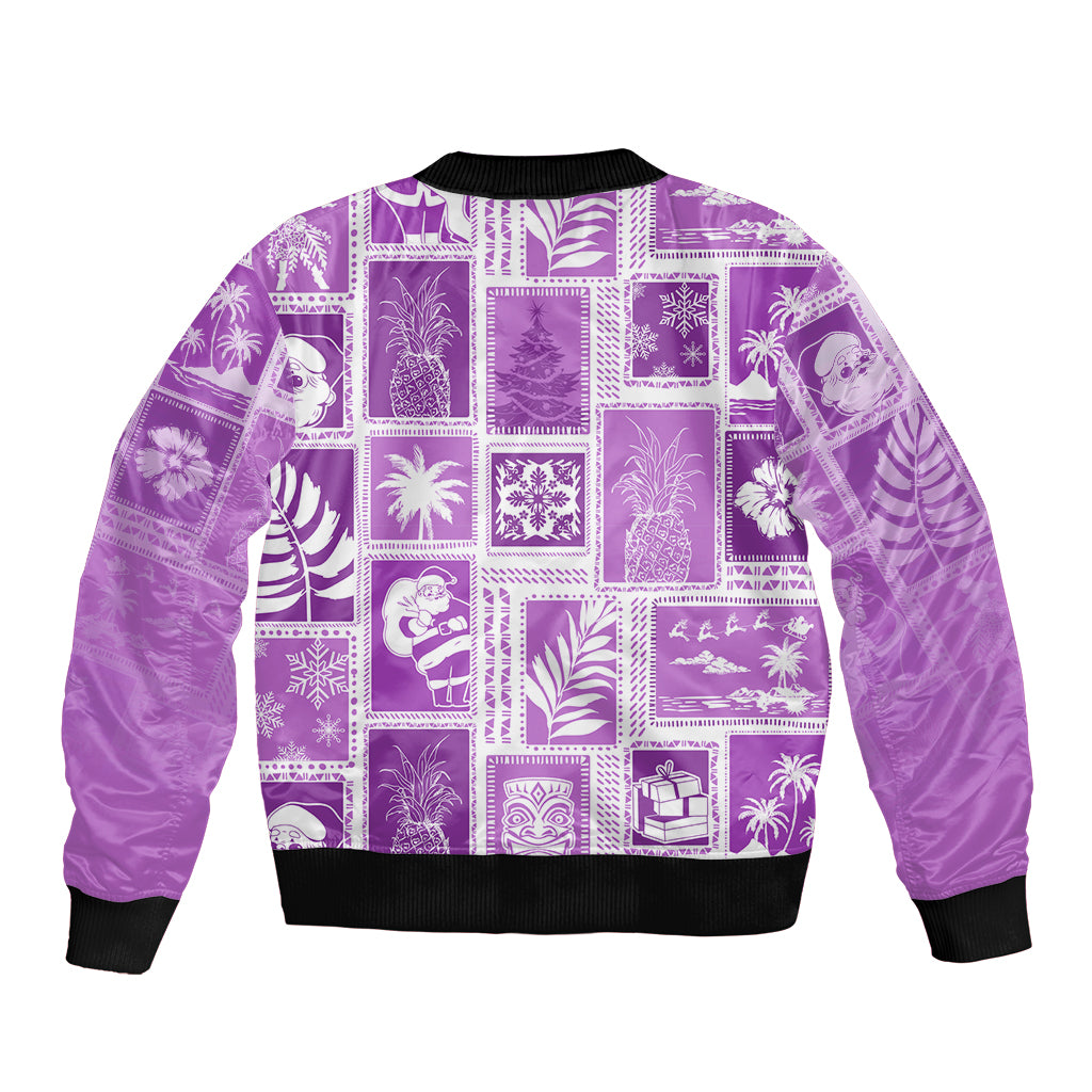 Violet patchwork bomber jacket with ribbed crew collar and hem, all-over print