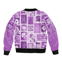 Violet patchwork bomber jacket with ribbed crew collar and hem, all-over print