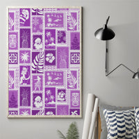 Violet patchwork canvas wall art with holiday icons, palm leaves, and striped details