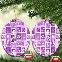 Violet ceramic oval ornaments with retro patchwork pattern, gold loops and front/back labels.