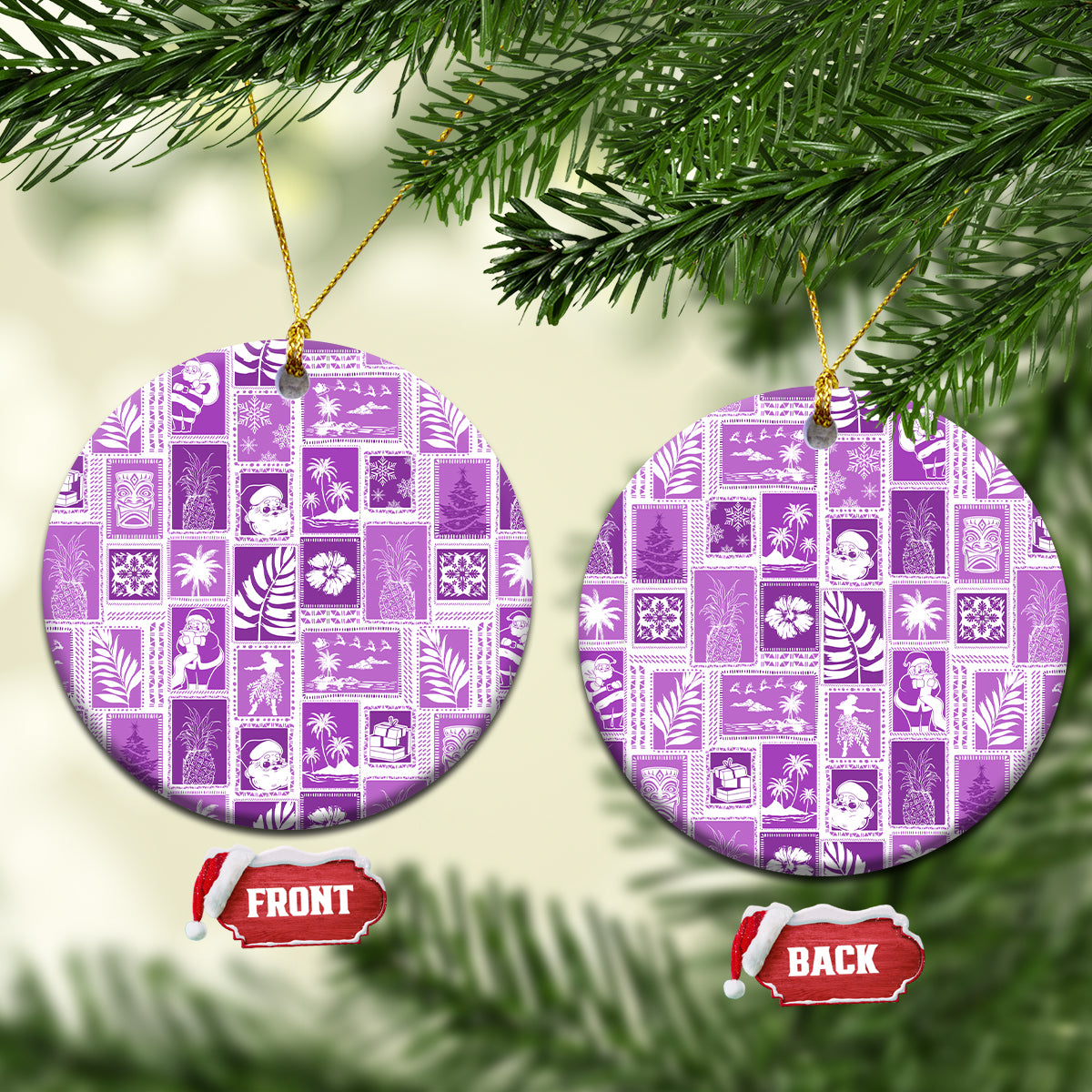 Violet ceramic round Christmas ornament with patchwork pattern, gold loop and front/back tags.