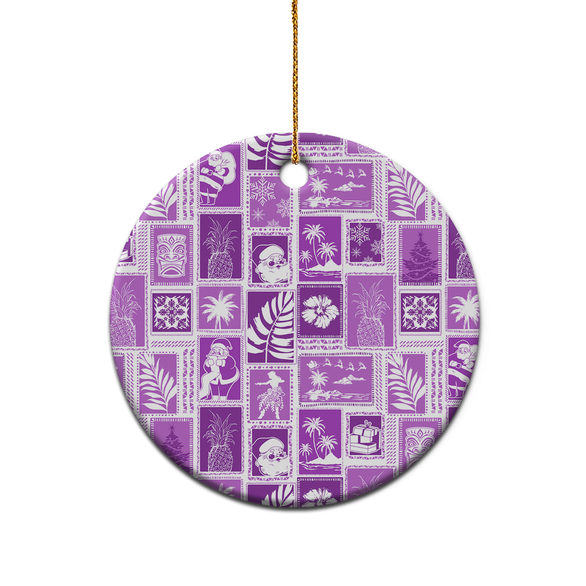 Violet ceramic round ornament with retro patchwork print and gold hanging loop on top.