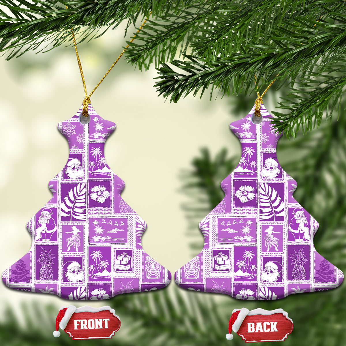 Violet ceramic Christmas tree-shaped ornaments with retro patchwork, gold loops and front/back tags.