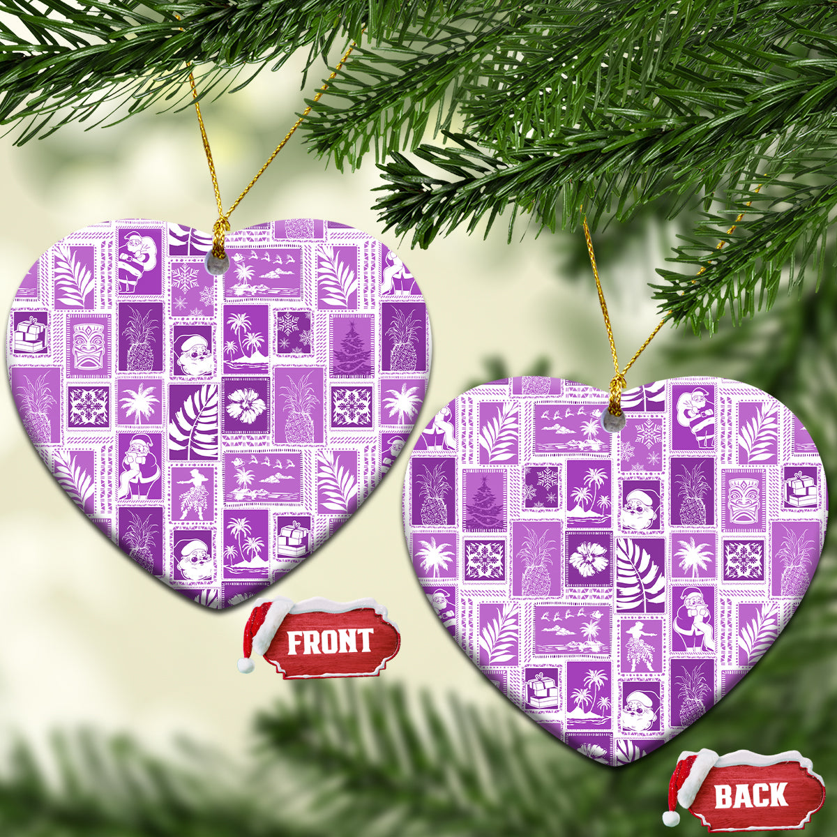 Violet ceramic heart-shaped ornaments with retro patchwork pattern, gold loops and front/back tags.