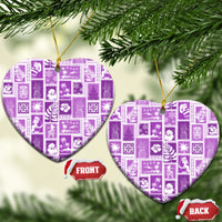 Violet ceramic heart-shaped ornaments with retro patchwork pattern, gold loops and front/back tags.