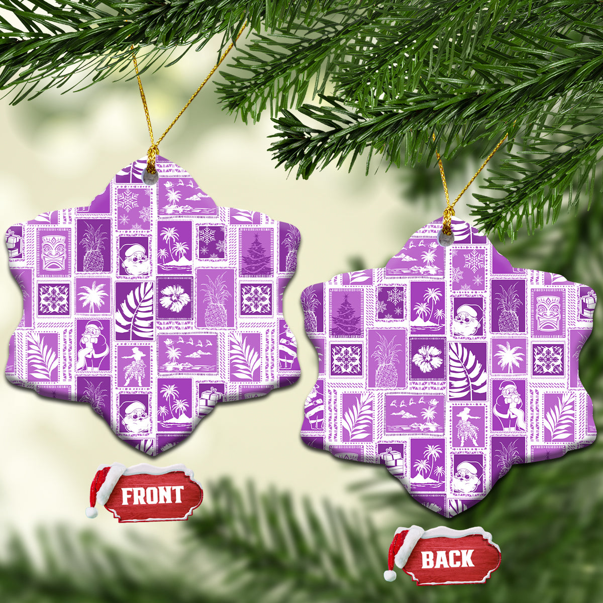 Violet ceramic star-shaped ornaments with retro patchwork design, gold loops and front/back tags.