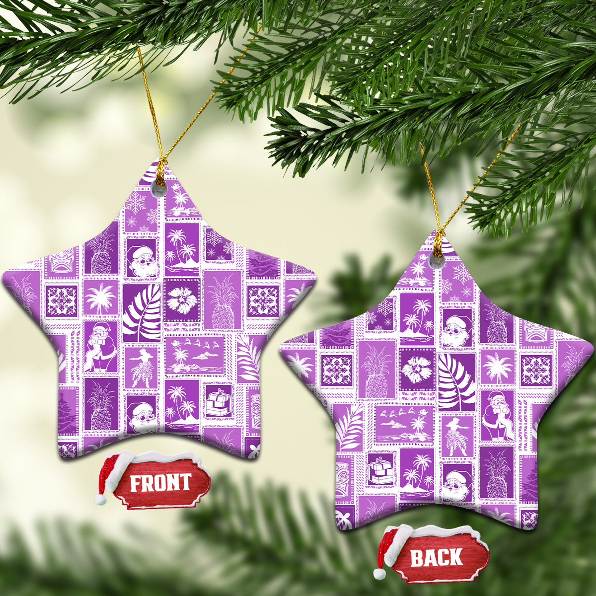 Violet ceramic star ornaments with retro patchwork print and gold loops, front/back tags visible.