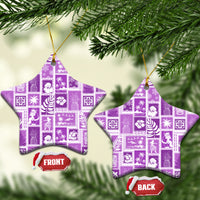 Violet ceramic star ornaments with retro patchwork print and gold loops, front/back tags visible.