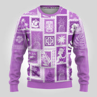 Violet patchwork ugly Christmas sweater with square tropical and holiday prints, crew neck