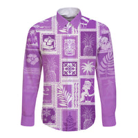Violet long-sleeve button shirt with patchwork holiday tropical print, front view