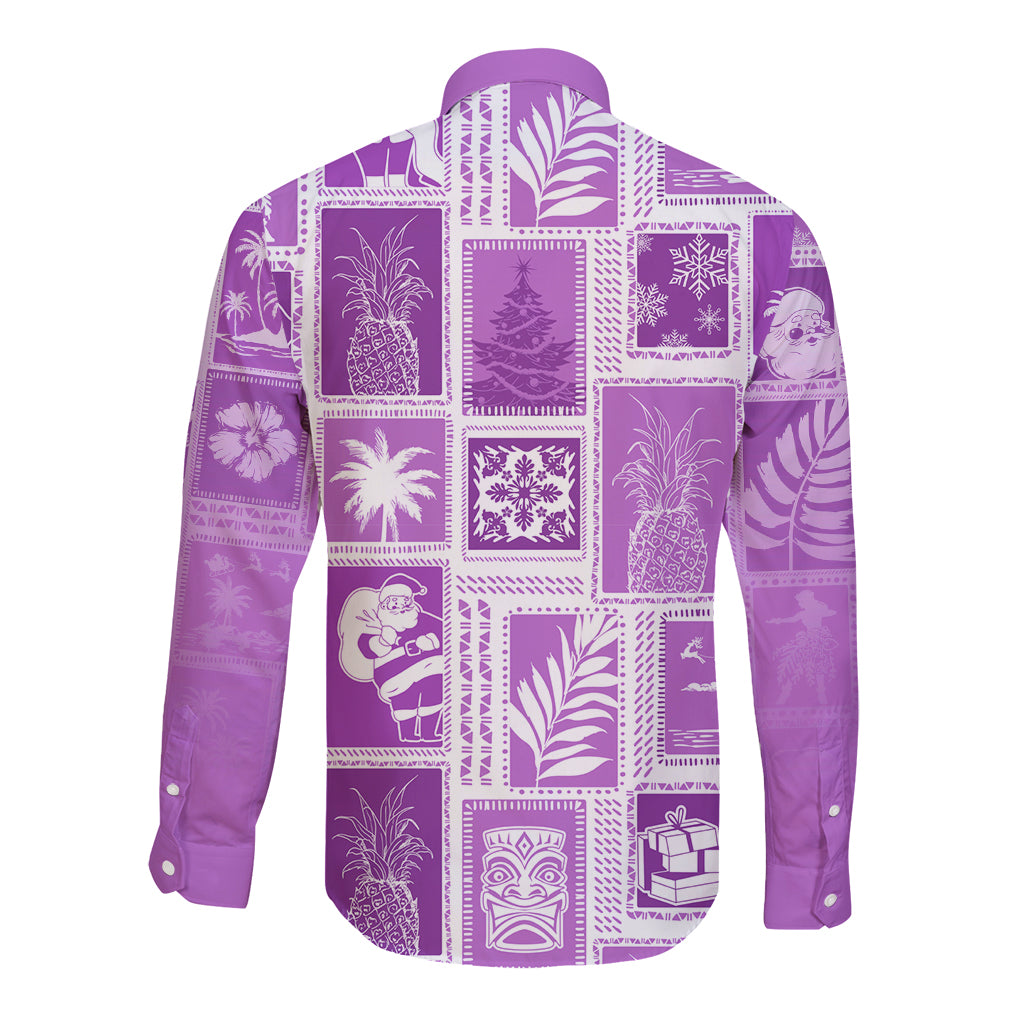 Violet long-sleeve button shirt with patchwork holiday tropical print, back view