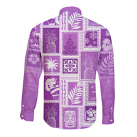 Violet long-sleeve button shirt with patchwork holiday tropical print, back view