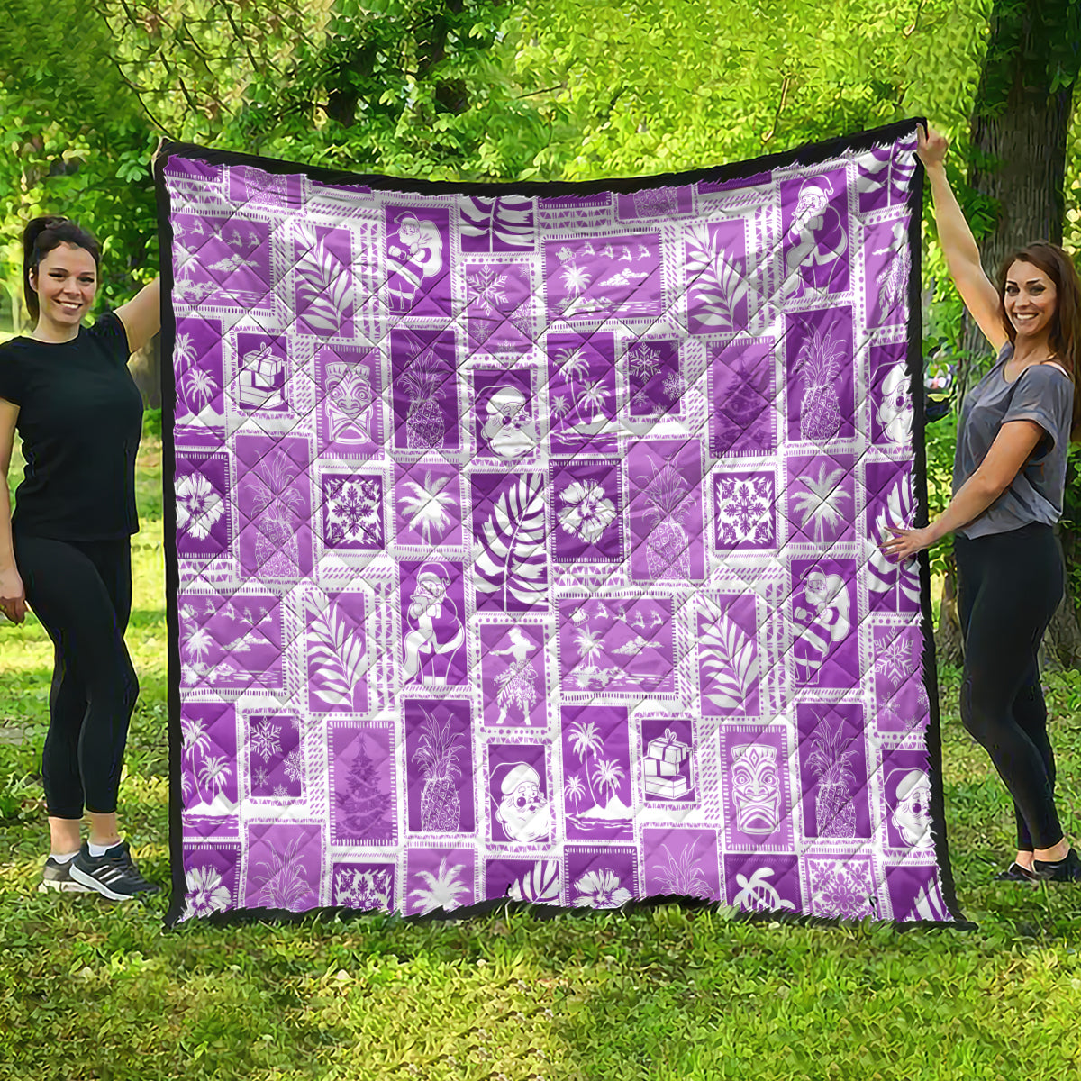 Violet Hawaiian patchwork quilt spread out outdoors, white patterned square blocks